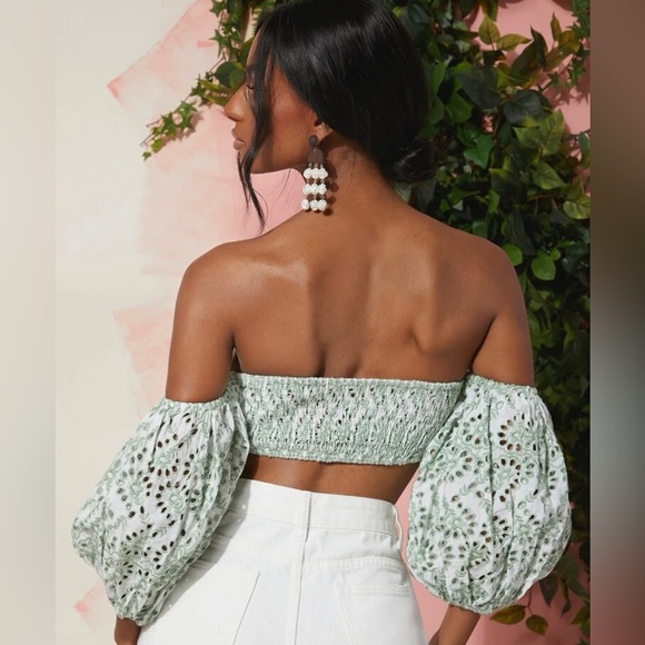 COTTON Off The Shoulder Puff Sleeve Bralette Crop Top with Eyelet Embroidery - Picture 2 of 11